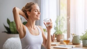 A bright, uplifting wellness-themed scene featuring a calm, happy woman in soft morning light.