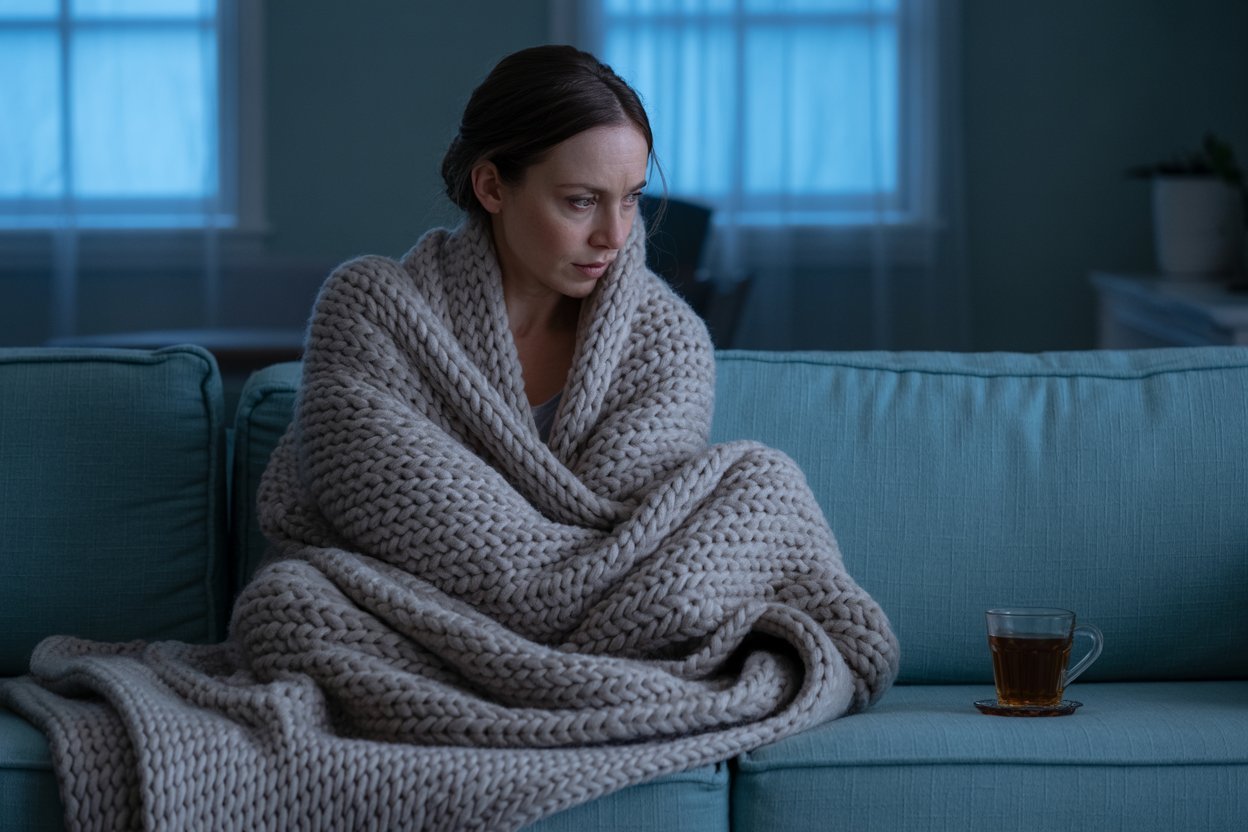 a woman sitting on a comfortable sofa, looking deeply exhausted and pensive, representing the lethargy of hormonal fluctuations