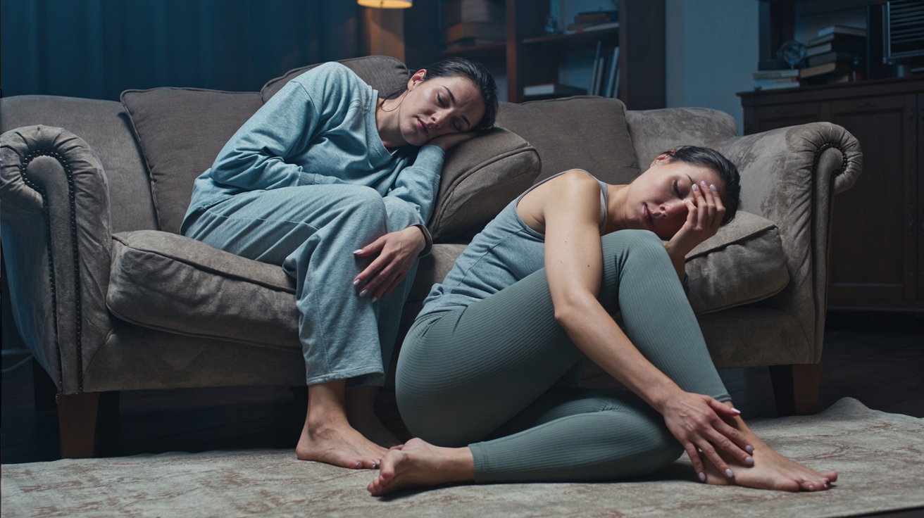 two different states of physical fatigue in a woman in her 30s. On the left side, she is slumped on a sofa in a dimly lit room, looking sluggish and heavy, representing the poor circulation and lethargy of a sedentary lifestyle