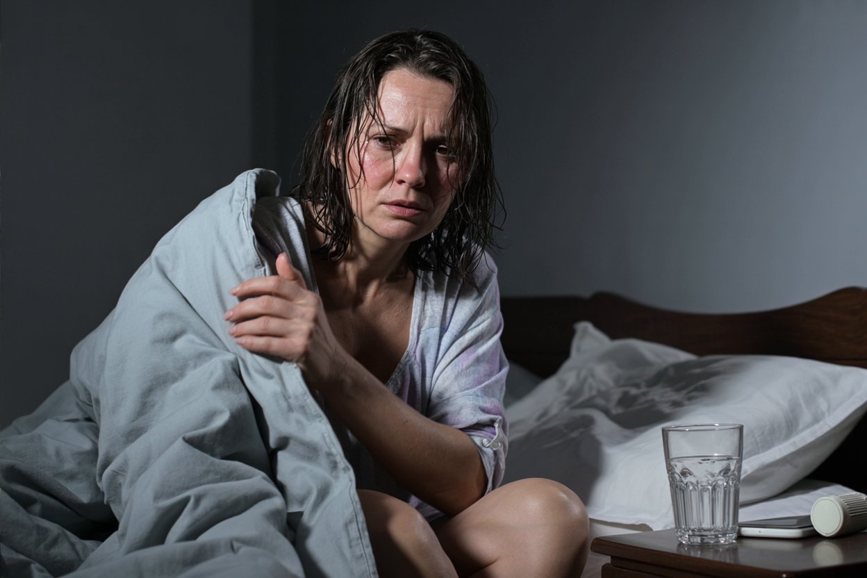 a woman in her late 40s sitting on the edge of her bed in a dark bedroom in the middle of the night. She is visibly distressed by a night sweat, with damp hair at her temples and a flushed face.