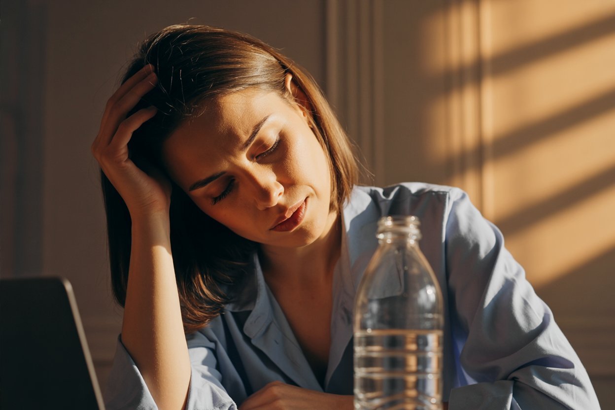 a woman in her 30s experiencing a sudden afternoon slump due to dehydration. She is sitting at a desk, slumped forward with one hand rubbing her temple as if she has a dull headache