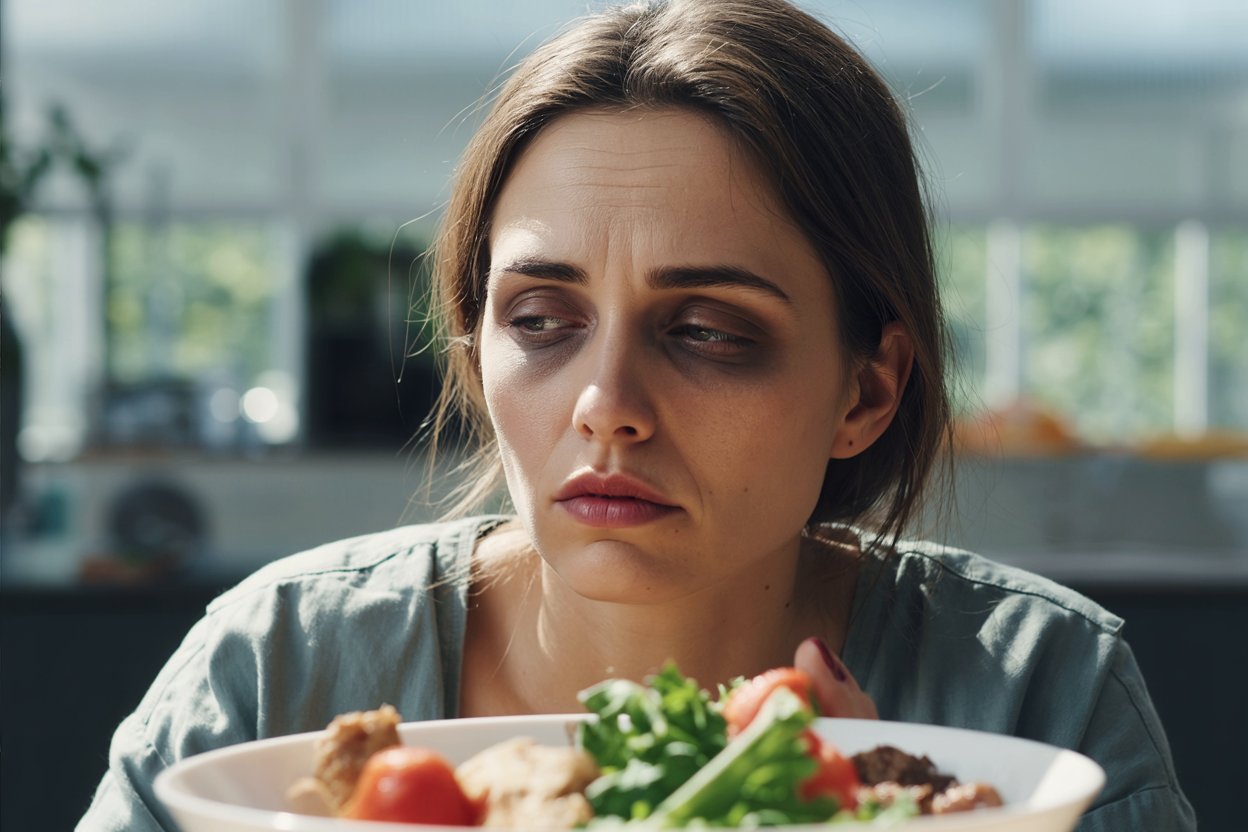 a woman in her 30s looking listless and physically spent, representing nutritional deficiencies like Vitamin B12, D, and Magnesium.