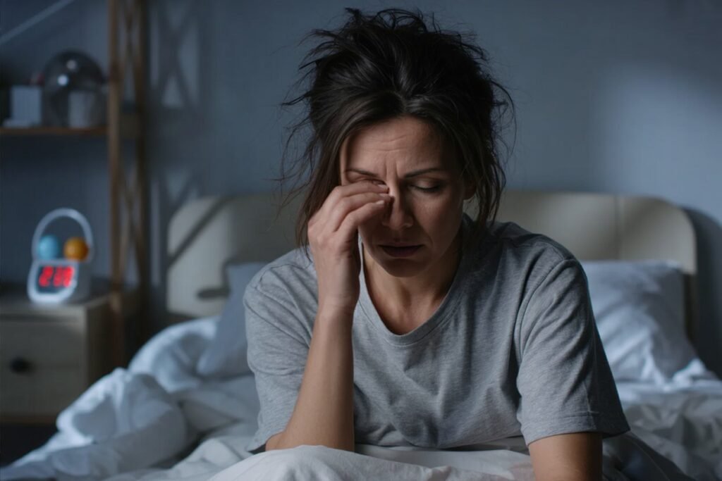 a woman in her 40s sitting on the edge of her bed in a dimly lit bedroom at 3:00 AM. She looks profoundly unrested, with messy hair and a weary, frustrated expression as she rubs her eyes