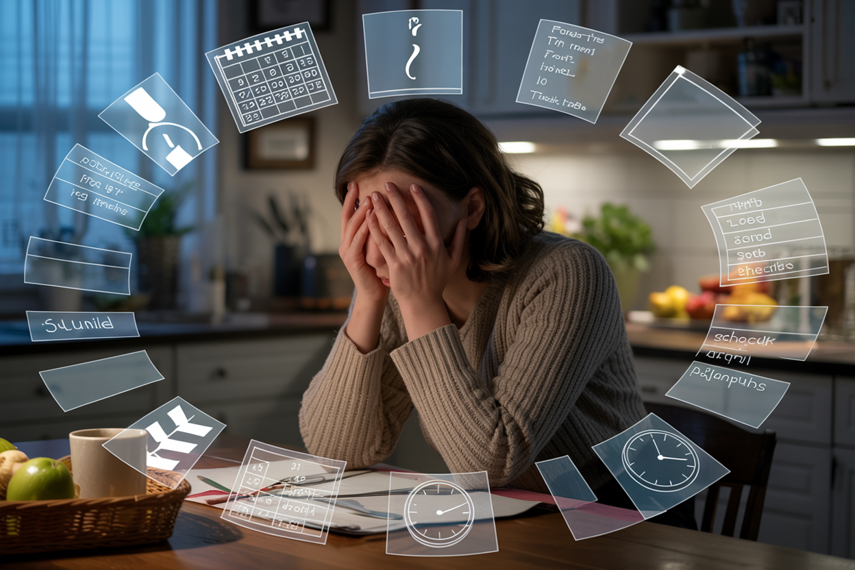 a woman sitting at a kitchen table in the evening, head in hands, appearing deeply mentally exhausted