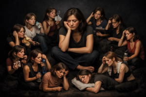 A fatigued woman sitting in the center with a dull, tired expression, dim lighting, dark-mode background. Surround her in a circular formation with 10 miniature “minion-like” versions of herself, each representing a different energy leak. Each mini figure shows a specific issue: iron deficiency (pale, weak), hormonal fluctuations (emotional imbalance), thyroid dysfunction (sluggish posture), decision fatigue (holding too many choices), menopause (hot flashes), chronic stress (holding head, tense), poor sleep quality (dark under-eyes), nutritional deficiencies (weak, low energy), dehydration (dry, cracked effects), overexertion (burnt-out, exhausted). Use soft shadows, dramatic mood, slightly surreal wellness-art style. The overall scene should visually express overwhelming energy drains surrounding the main woman.